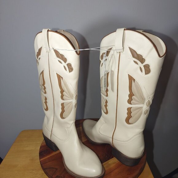 Alvaro State Cream/Brown Leather Western Cowboy Boots Butterfly Cutout -NWT-8.5M - Picture 1 of 11